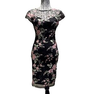 Lipsy London Dress US 4 Floral Embroidered Black & Pink floral  bodycon party